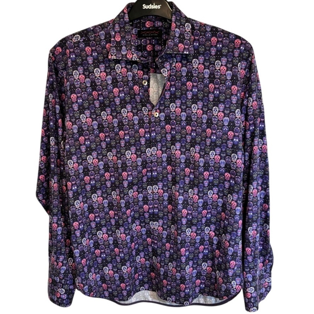 XXX Collection Men's Long Sleeve Shirt Sugar Skull Print Purple Size‎ M - Picture 2 of 5